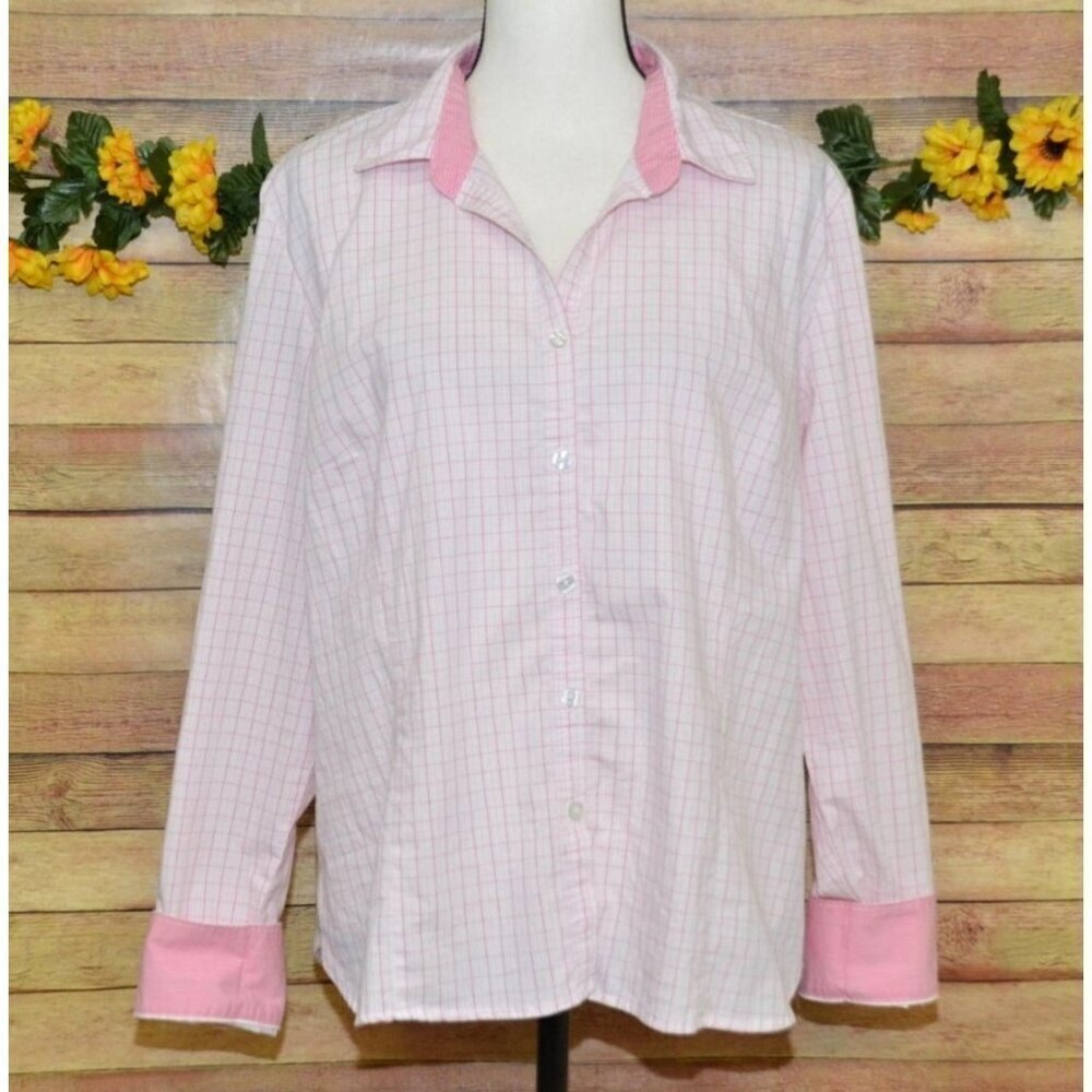 George Ladies XL 16-18 Pink Plaid Button Up Long Sleeve Blouse Top Contrast Cuff
